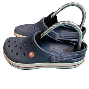 Crocs Crocband Navy Blue White & Red Line Slide On Clogs Men Size 6 Women Size 8
